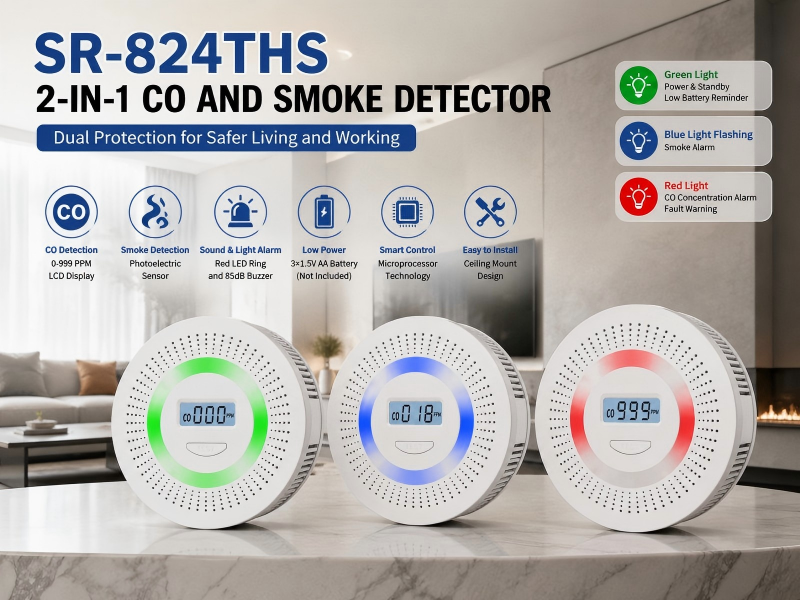 SR-824THS 2-in-1 CO and Smoke Detector  with DC3V Batteries CE Certified