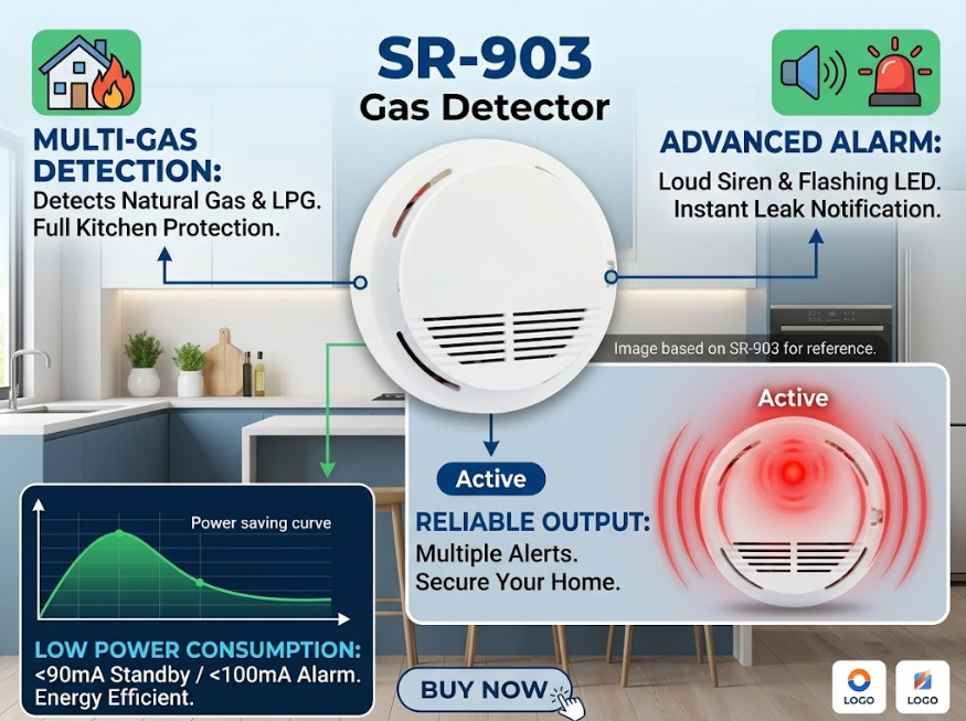 SR-903 Kitchen Gas Safety Device LPG Leak Detector Sensor with Alarm System