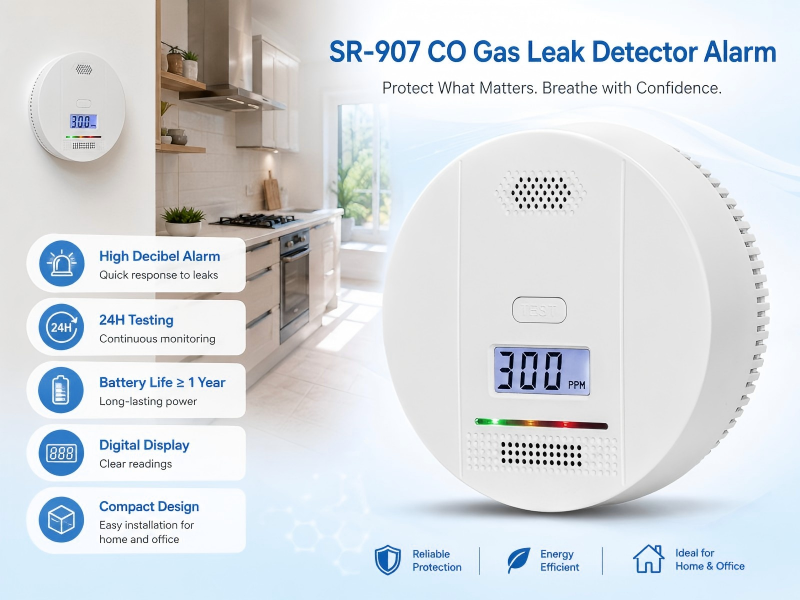 SR-907 CO Gas Leak Detector Alarm with ABS Range 1 Year Battery Life