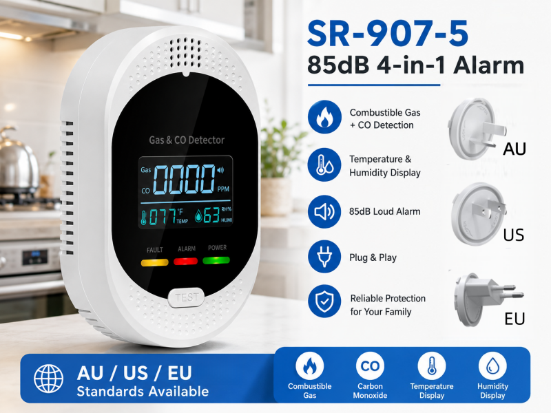 SR-907-5 Gas & Carbon Monoxide Detectors Plug in 4-in-1 Portable Natural Gas Alarm
