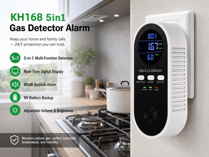 KH168 5-in-1 CO & Gas & Temperature & Humidity Detector with Battery