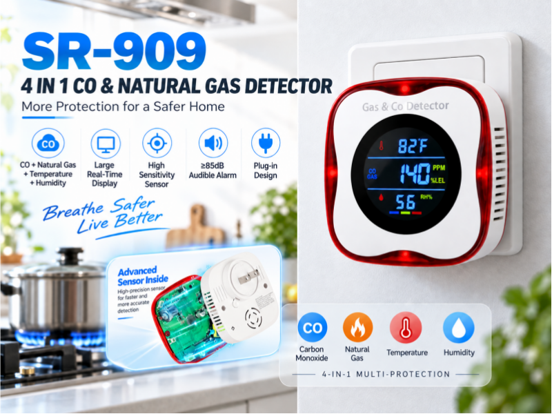 SR-909 4-in-1 Carbon Monoxide & Natural Gas Detector with Large Digital Real-Time Display