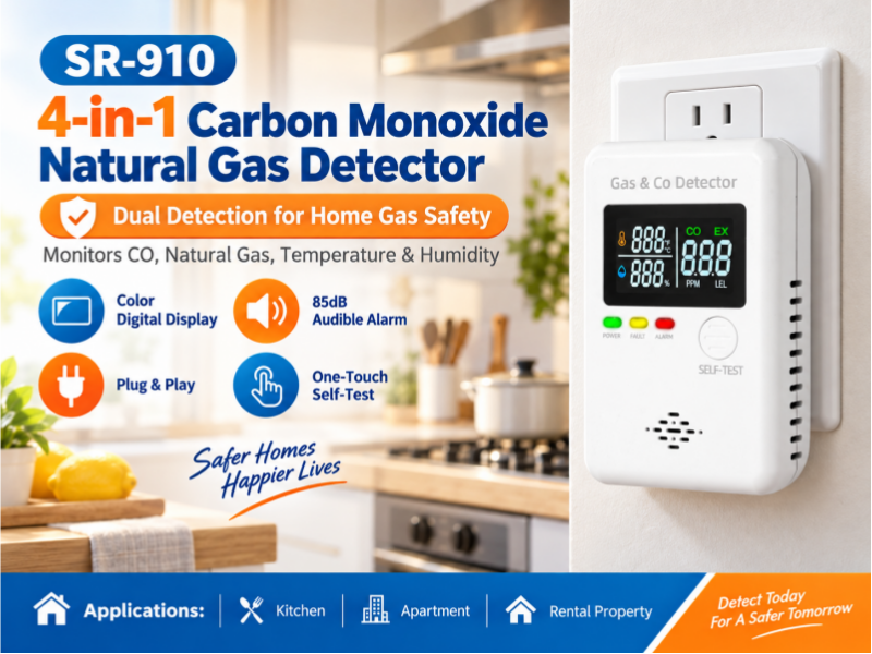 SR-910 4-in-1 Carbon Monoxide Natural Gas Detector with Digital Display