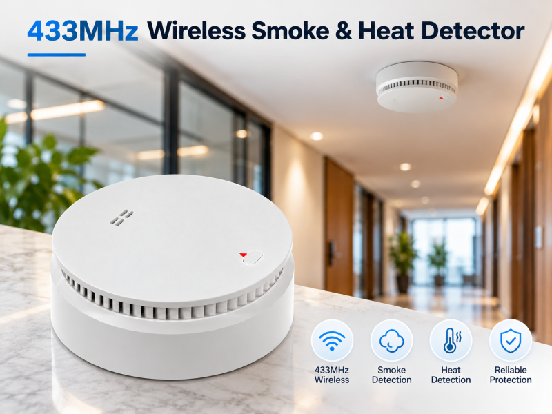 433MHz wireless smoke and heat detector with photoelectric sensing and test button.